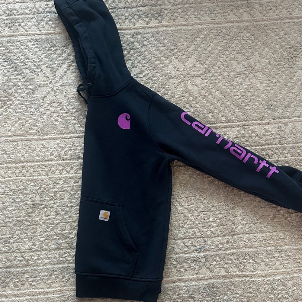 Carhartt women’s Navy Hoodie with Purple Logo